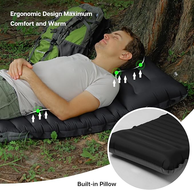 Inflatable Sleeping Pad for Camping Ultralight Camping Mat Air Mattress Built-in Pump Durable Waterproof Compact Sleeping Mat for Outdoor Backpacking Hiking Black