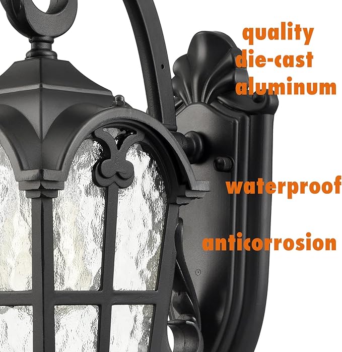 YUBOLE Waterproof Wall Sconce Outdoor Wall Lights with Hammered Glass for House Porch Garden Patio Gararge Hallway Matte Black