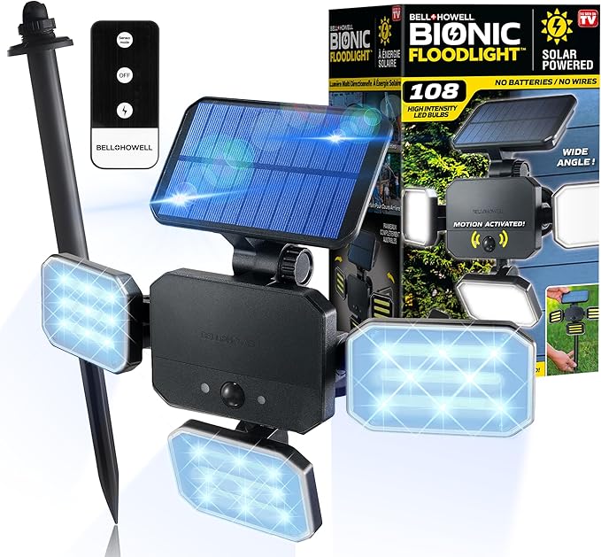 Bell+Howell Bionic Flood Light ASON TV Solar Lights Outdoor Waterproof- 50% Brighter 108 COB-LED's w/Motion Sensor 180° Swivel Adjustable Panels for Garden Lawn and Patio As Seen On TV