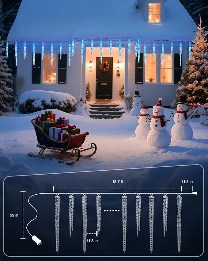 Minetom Icicle Lights Outdoor with Clips 2 Pack Total 40ft 200 LED 40 Tubes Twinkling Connectable Hanging Ice Shape Christmas String Lights Plug in for Eave Holiday Outdoor Blue and White