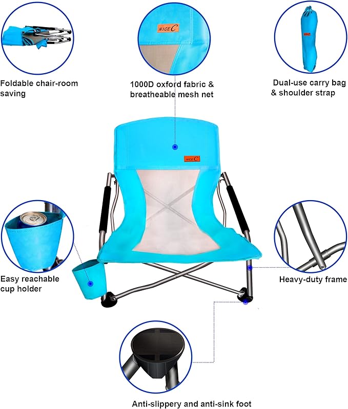 Nice C Low Beach Chair Beach Chairs for Adults 2 Pack Sling Folding Portable Concert Kids Boat Sand Chair with Cup Holder &amp Carry Bag (2 Pack of Blue)