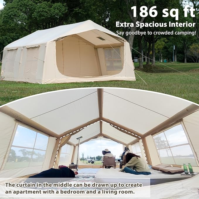 Oxford Inflatable Tent for Camping with Hand Pump 4 Season Glamping Tents with Stove Jack for 8-12 Person Waterproof Outdoor Party Camping Festival