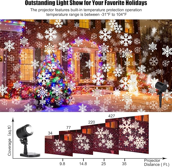 Christmas Snowflake Projector Lights Outdoor Led Rotating Snowfall Show Lights Waterproof Landscape Decorative Christmas Light Lighting for Xmas Holiday Party Garden Patio Indoor Home Decoration Show