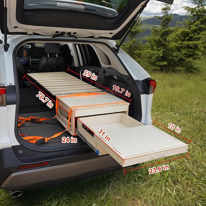 SUV Sleeping Bed Platform Slide Out Overland Kitchen All in One Folding Camping Table with Storage Drawer Truck Bed Slide Overland Gear for SUV Trunk Car Camping Essentials Stove