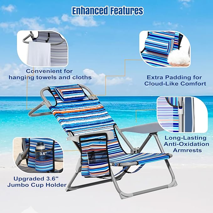 Lightweight Portable Beach Chair for Adults 350 LBS Capacity Backpack Beach Chair Reclining Beach Chair with 5-Position Lay Flat Large Cup Holder for Beach Camping Sports
