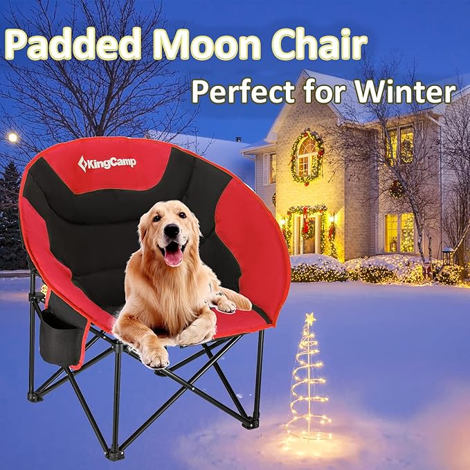 KingCamp Foldable Saucer Moon Lounge Chair with Cupholder Storage Pocket for Indoor Home or Outdoor Camping and Tailgating Use Black/Red