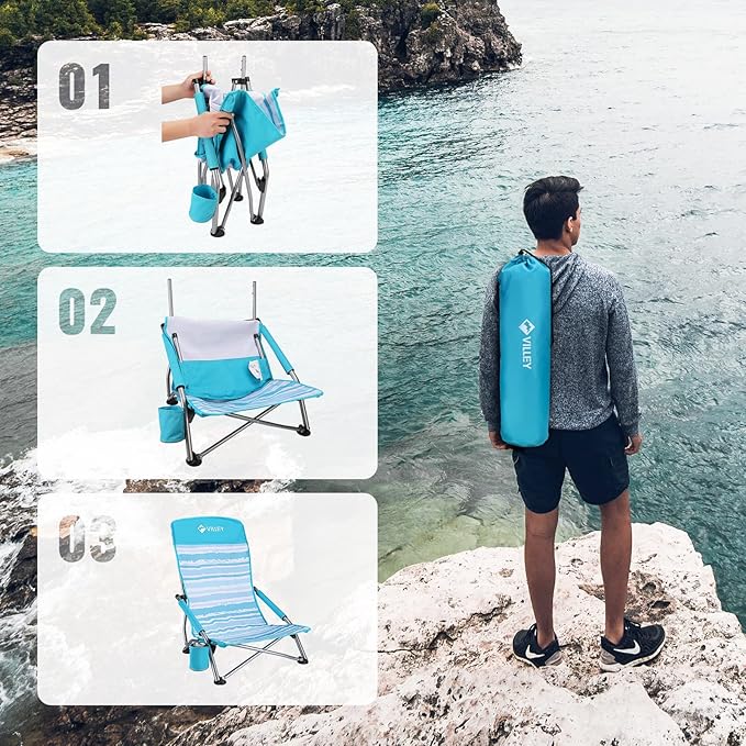 VILLEY Low Beach Chair High Back Folding Chair for Adults Lightweight and Portable for Outdoor Camping Lawn Music Festival with Cup Holder and Carry Bag - Blue Stripes