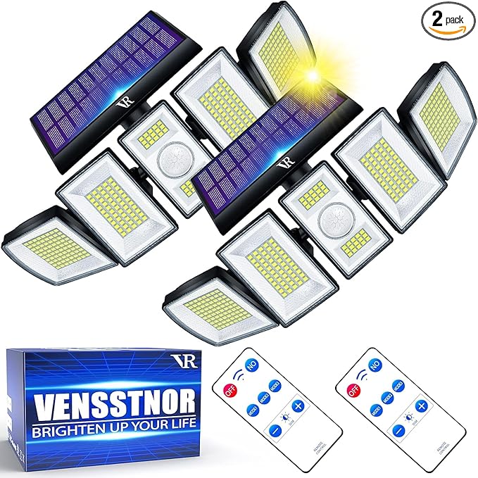Solar Lights Outdoor Motion Sensor - 400% Brighter 7000K 3000LM 5 Levels Brightness 3 Lighting Modes 2400mAh 360° Wide Angle Illumination IP65 Waterproof Solar Flood LightsBlack