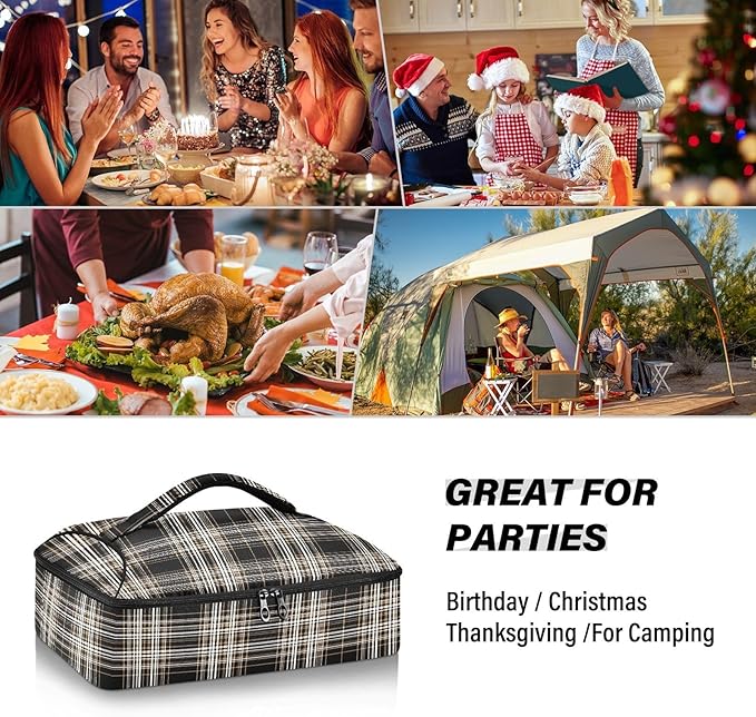 Casserole Carrier Black Wnite and Brown Tartan Pattern Insulated Casserole Carrier for Hot or Cold Food Thermal Lunch Tote for Parties Picnic Travel Carry Bag