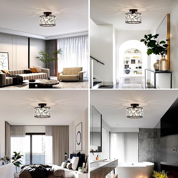 Crystal Ceiling Light Fixture Modern Semi Flush Mount Ceiling LightCrystal Chandelier for Kitchen Bedroom Bathroom Entryway Black Finish