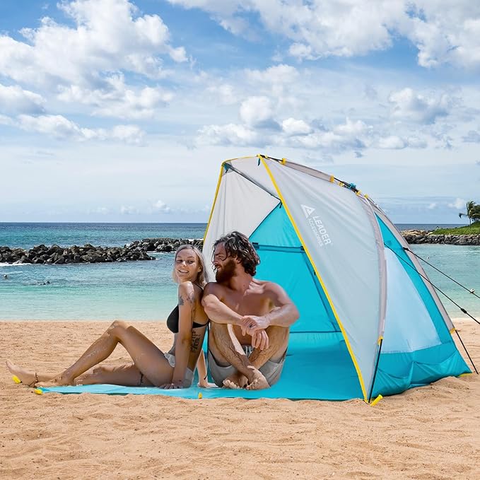 Leader Accessories 2-3 Person Portable Beach Tent UPF 50+ Beach Shade Tent Beach Tent Sun Shelter Canopy with Extendable Floor Blue
