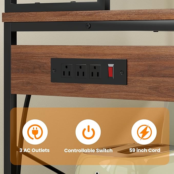 Large 5 Tier Bakers Rack with Electrical Outlets 39 Inch Microwave Stand Coffee Bar Kitchen Storage Shelf for Home Counter Space Organizer