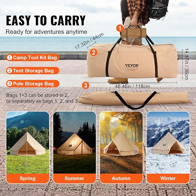 VEVOR Canvas Tent Bell Yurt 4 Seasons for Camping with Stove Jack Breathable Holds up to 4 People Family Camping Outdoor Hunting Party