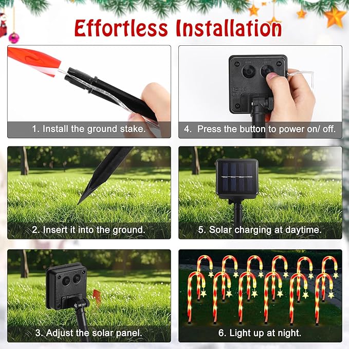Lewondr 15 Solar Christmas Candy Cane Lights Outdoor Pathway Stake Lights with 2 Modes 108 LED Beads Waterproof Outside Xmas Decorations with Star Decor Lights for Yard Garden Holiday 12 Pack