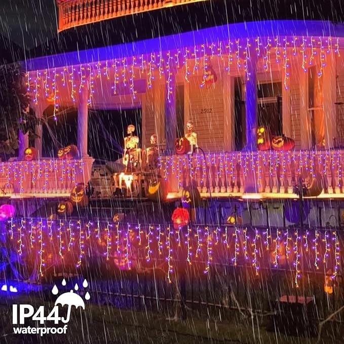 QITONG Orange and Purple Icicle Lights for Outside 33ft 400 LED String Light Indoor Plug in 8 Modes Connectable Halloween Icicle Lights Clear Wire