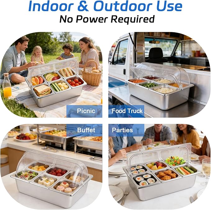 Cold Food Buffet Server 9.6Qt (6 Pans×1.6Qt) with Ice Packs for Salad Pizza Sauce Colded Serving Trays Condiments Containers for Parties Buffet