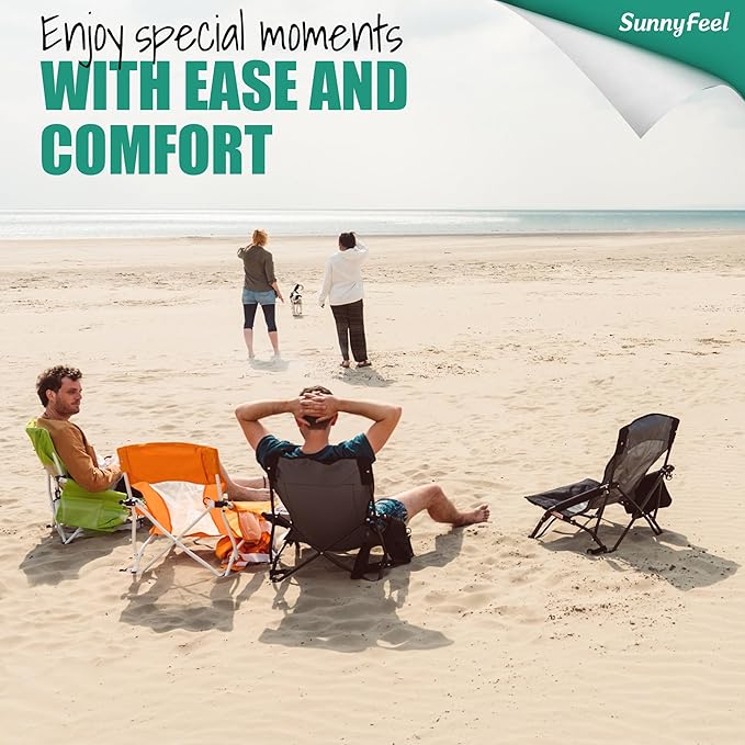 SUNNYFEEL Low Folding Beach Chair for Adults Portable Lightweight Sling Beach Camping Chairs with Cup Holder ArmrestFoldable Camp Lawn Chair for Outdoor Sand Concert Travel Sport Events300LBS
