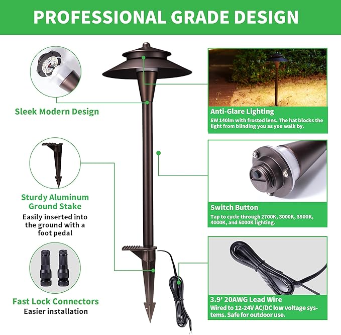 Outdoor Pathway Lights Wired 12V 2700K/3000K/3500K/4000K/5000K Selectable Landscape Path Light LED Waterproof Walkway Fixture Electric ORB Aluminum for All Weather Garden Yard (6 Pack)