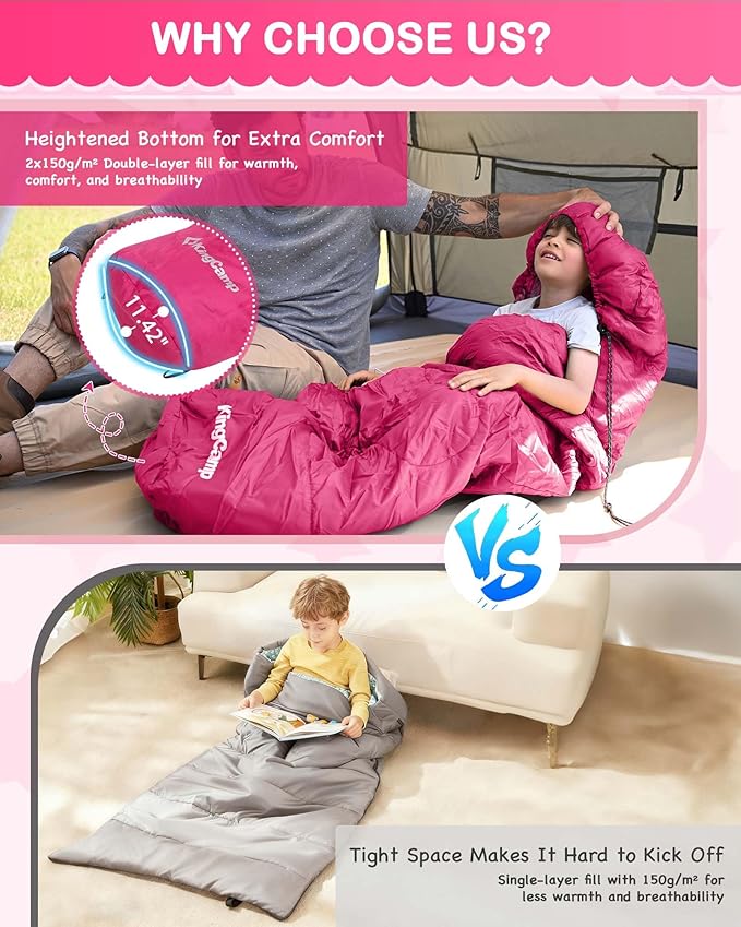 KingCamp 45°F Kids Sleeping Bag Lightweight Waterproof &amp Compact Flannel Sleeping Bags Cold Weather &amp Warm Youth Essentials Gear Accessories for Camping Fits 10-12 Children up to 4'7-5'5 T