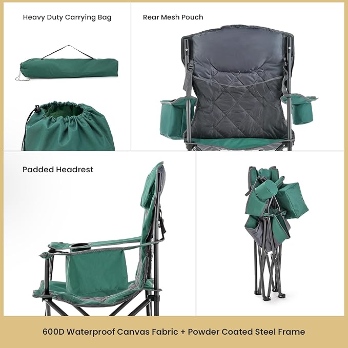 ARROWHEAD OUTDOOR Deluxe Folding Camp Chair – 550lb Capacity Heavy-Duty Quad Chair with Integrated Cooler Headrest and Dual Cup Holders.