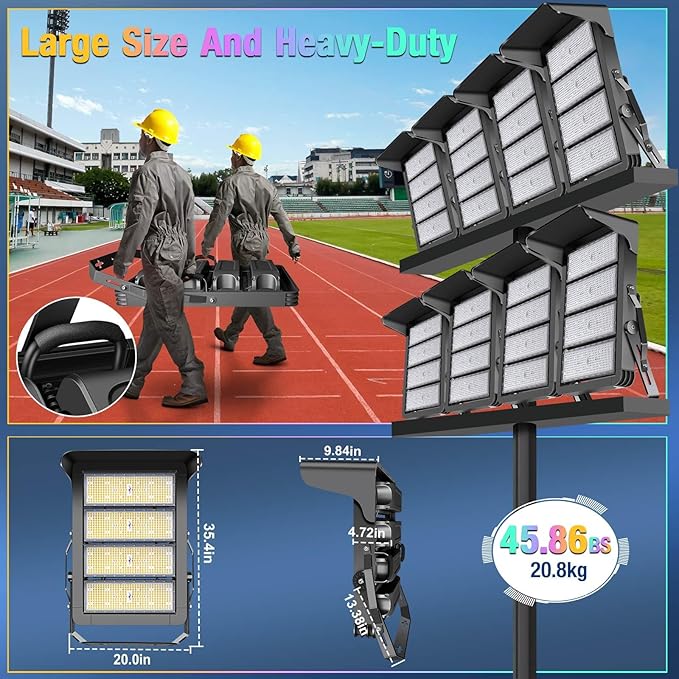 ledmo 1000W Dimmable Led High Mast Stadium Light Outdoor Ultra-Bright 120000LM Flood Lights 5000K 100-277V Commercial Arena Light Heavy-Duty IP66 Waterproof Big Area Lighting for Sport Court