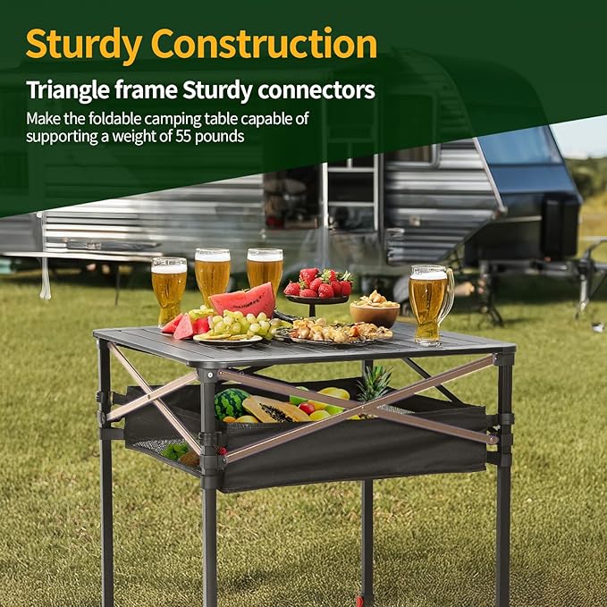 Nice C Aluminum Square Table Adjustable Height Folding Camping Table Lightweight Collapsible Table with Roll-up Tabletop Carry Bag for Outdoor Camping Picnic backyards BBQ (20'' Medium)