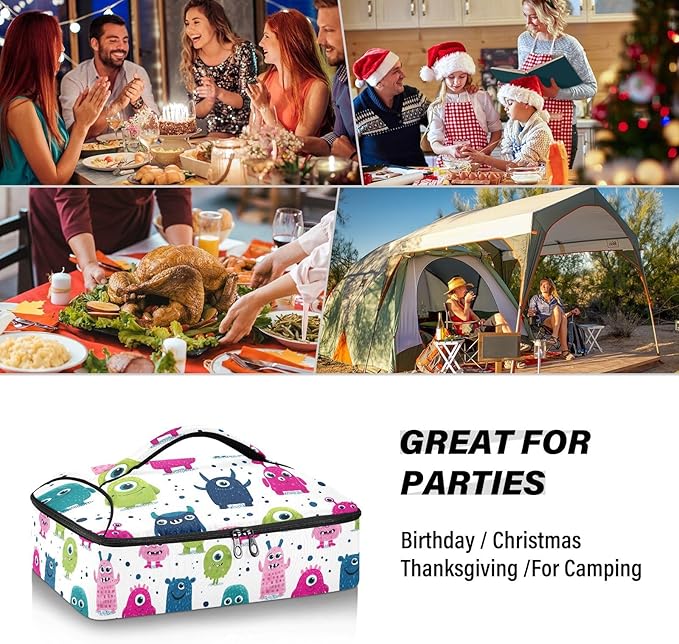 Casserole Carrier Colorful Cute MonstersInsulated Casserole Carrier for Hot or Cold Food Thermal Lunch Tote for Potluck Parties Picnic Beach Fits 9 x 13 Inches Baking Dish