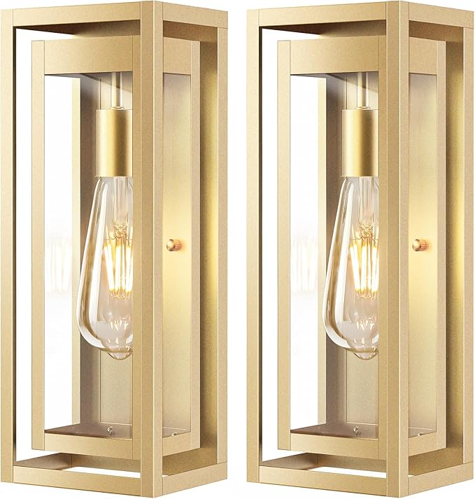 15 Large Gold Outdoor Light Fixture Wall Mount 2 Pack Waterproof Outdoor Sconces Modern Wall Lights with Clear Glass Shade for Front Door Porch Garage