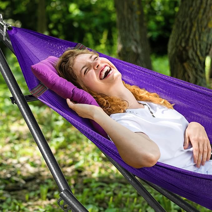 Tranquillo Universal Double Hammock with Stand Included for 2 Persons/Foldable Hammock Stand 600 lbs Capacity Portable Case - Inhouse Outdoor Camping Purple