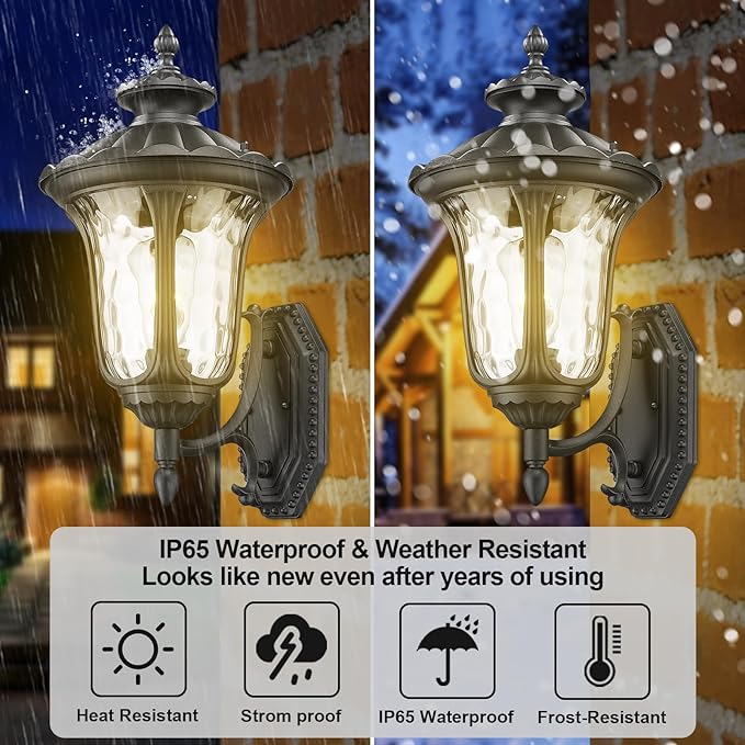 Outdoor Light Fixtures Wall Mount Waterproof Exterior Wall Lanterns with Waer Ripple Glass Outside Sconces Front Porch Lights for House Garage Doorway Patio