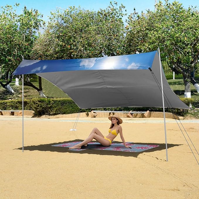 Beautiful Beach Scene Beach Tent Sun Shelter 9.2' x 10.5' Beach Canopy with 4 Sandbags 4 Stability Poles Sand Shovels - Tent Canopy for Beach Camping Fishing Picnics