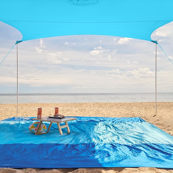 WEKAPO Beach Tent Sun Shelter - Easy Setup Beach Canopy with 4 Sturdy Poles Large Sandbags and Shovel 7'1'' Tall Windproof Sun Shade for Backyard and Camping UPF 50+ Protection