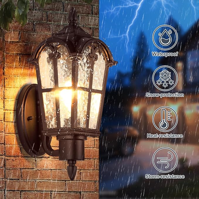 Sucolite Outdoor Wall Light Fixtures Brown Exterior Waterproof Porch Lights Wall Lanterns Vintage Outside Wall Sconces with Water Ripple Glass for House Front Door Garage 2 Pack