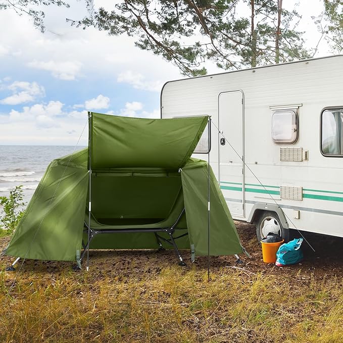 Large Outdoor Portable Sleeping CotPortable Lightweight Folding Camping Cot TentElevated Camping Bed TentFolding Outdoor Travel Cotwith Carry Bagfor Patio Hiking Picnic Travel (Army Green)