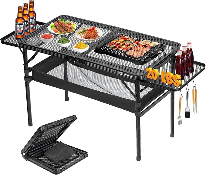 Portable Folding Grill Table Lightweight Height AdjustableCamping Picnic Table with Mesh Desktop and Mesh Bag for Outdoor for PicnicCampingBBQBeach (3.8 * 1.3FT)
