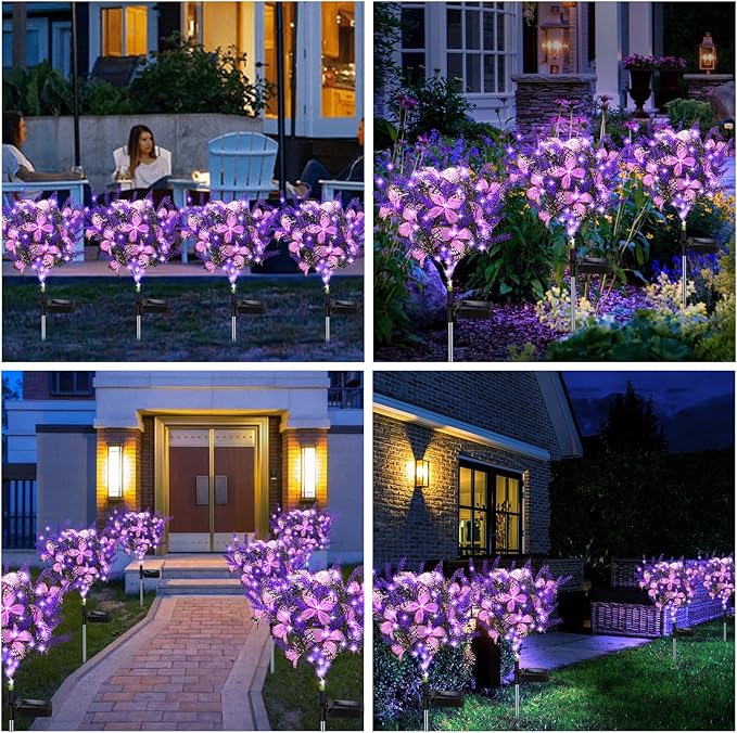 Solar Garden Lights Outdoor 4 Pack Purple Lavender Solar Butterfly Lights Gardening Gifts for WomenArtificial Flowers Light Purple Halloween Garden Decor for Patio Yard Lawn Christmas