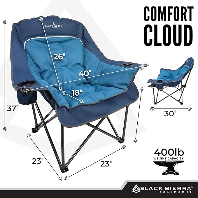 Black Sierra Oversized Camping Chair for Adults – 400 lb Heavy Duty Folding Chair with Cup Holders &amp Carry Bag