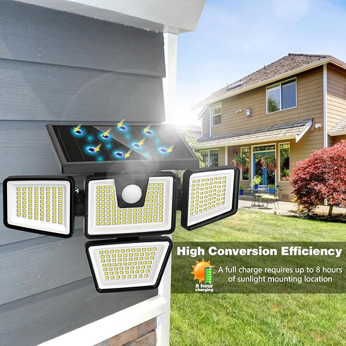 AmeriTop Solar Lights Outdoor 2 Pack 300 LED High Brightness Cordless Solar Motion Sensor Lights 4 Adjustable Heads320° Wide Angle Illumination IP65 Waterproof Security LED Flood Light(Daylight)