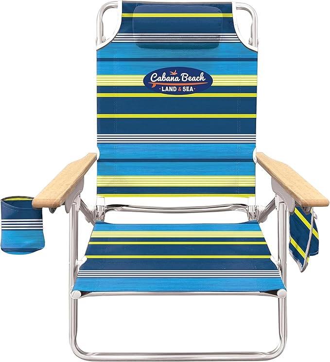 Cabana Beach Folding Beach Chair 5 Position Lightweight Portable Reclining Outdoor Camping Accessories with Headrest Shoulder Strap and Cup Holder Stripe