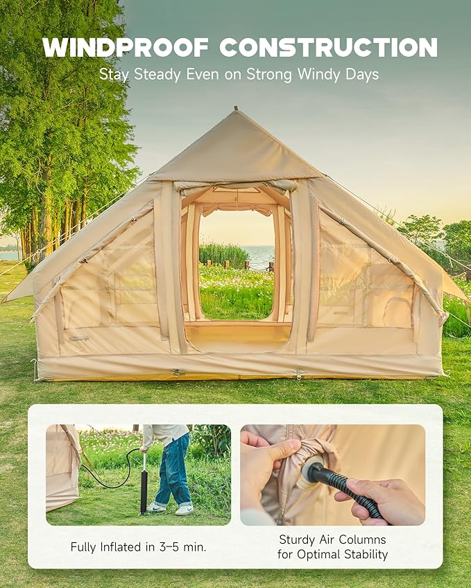 Dartmoor Inflatable Camping Tent 4-6 Person Air Glamping Tent with Pump Waterproof Blow Up Tent for Outdoor 4 Season Easy Setup Dual Doors Windows