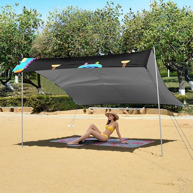 ALAZA Cute Dinosaurs Dino Palm Tree Beach Tent Sun Shelter UPF50+ Protection Beach Shade Canopy w/ 4 Sandbags for Outdoor Camping Fishing Backyard Fun Picnic 10x9 ft
