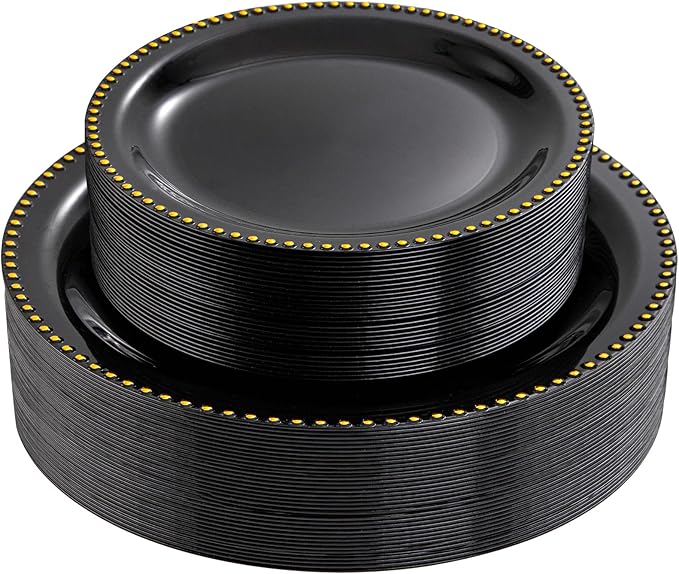 Rubtlamp 60Pcs Black Gold Plastic Plates Black Disposable Plates With Gold Beaded Heavyduty Plastic Plates Halloween Plates Include 30 Dessert Platos 30 Dinner Platos for Party