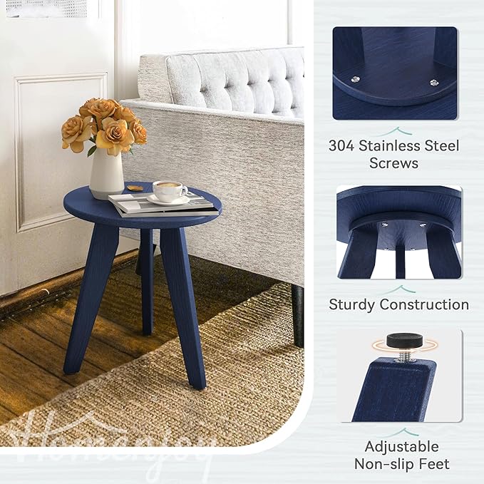 HDPS Outdoor Side Table Small Round Side Table Weather-Resistant Outdoor Side Tables for Patio Porch Deck End Table for Plant Stand Living Room Bedroom Navy