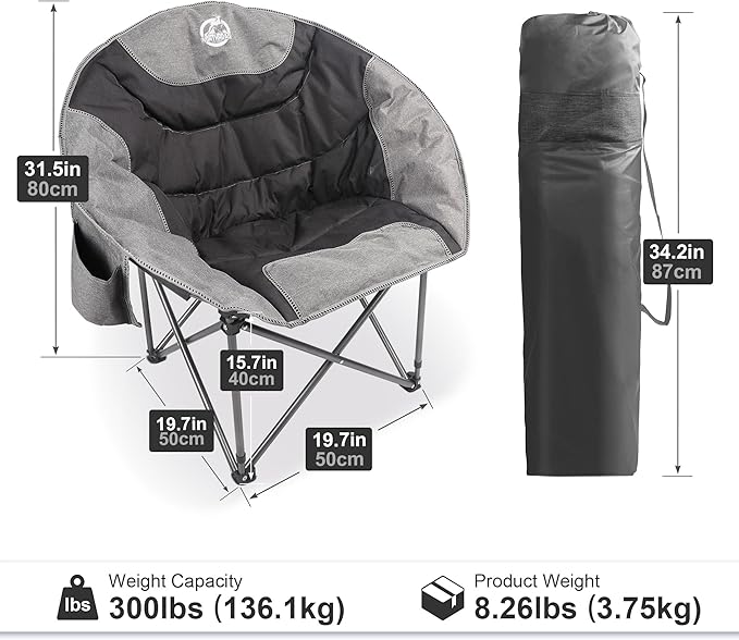 Northroad Folding Compact Camping Moon Chair Outdoor Padded Saucer Round Chair w/Cup Holder Supports up to 300 lbs for Beach Hiking Fishing Picnic LawnBlack