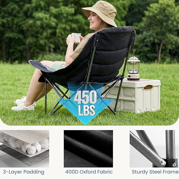 DUMOS Oversized Camping Chair for Adults - 450lbs Heavy Duty Folding Chair with Cup Holder &amp Side Pockets Portable Chair for Camping Fishing Hiking Picnic