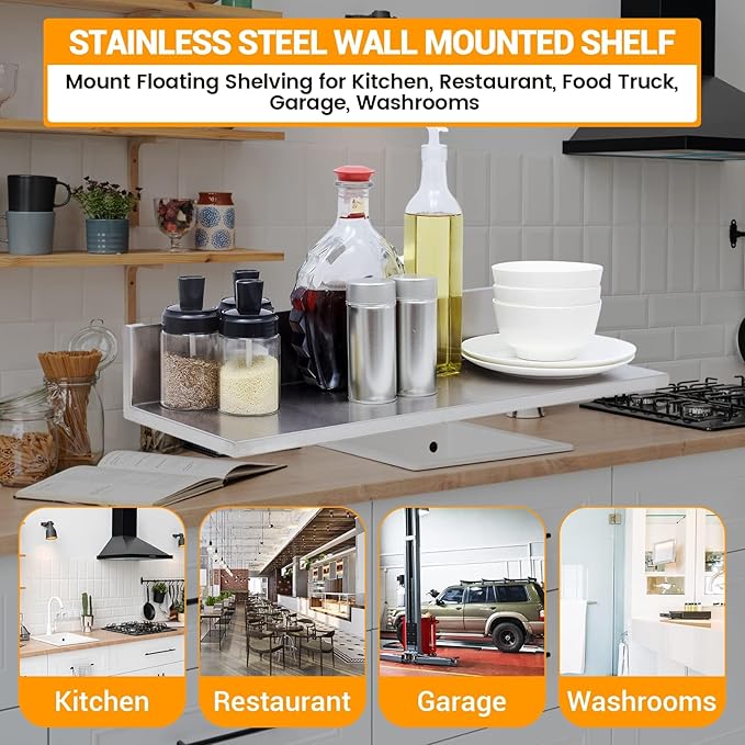 Stainless Steel Wall Shelf 8.6x24 60LB 2 Packs L-Shaped Commercial Wall Mount Floating Shelving for Kitchen Restaurant Home