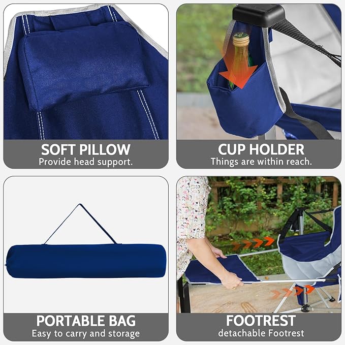 Romswi 2-Pack Aluminum Hammock Chair with Footrest Oversized Portable Folding Swinging Chair with Adjustable Back &amp Seat Lightweight Rocking Camp Chair Supports 440lbs for Outdoor Patio - Blue