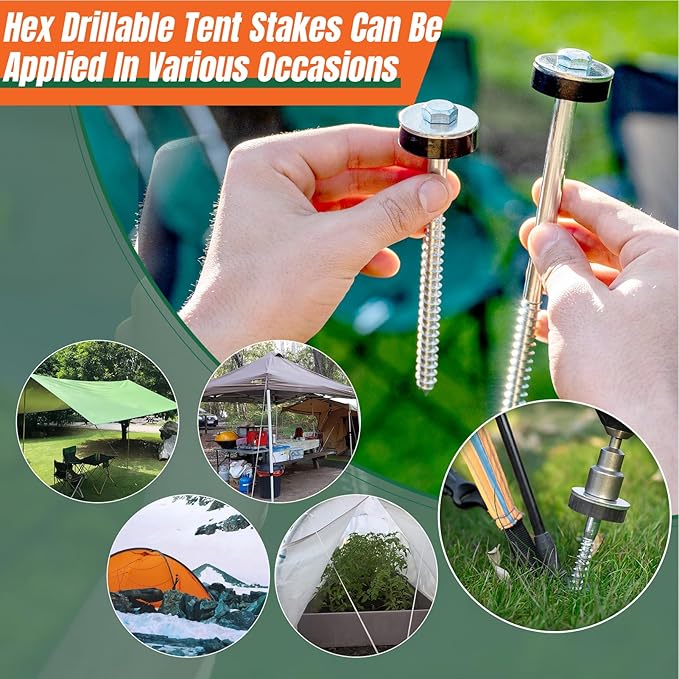 15 Pcs 10 Hex Pegs Drillable Tent Stakes Screw in Tent Pegs Stakes for Garden Canopies Grassland Canopies Awnings Camping Travel (Hex Tool and Storage Bag)
