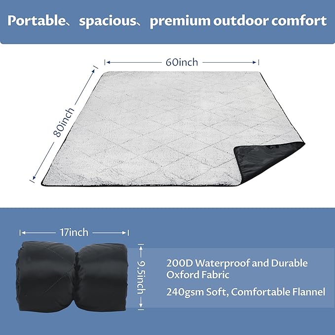Tirrinia Waterproof Outdoor Blanket with Sherpa Lining Windproof Triple Layers Warm Comfy Foldable for Camping Stadium Beach Picnic Grass Concerts Car Dog 51''X 59'' &amp 59''X 80''