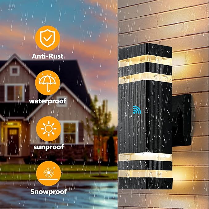 tewei Dusk to Dawn Outdoor Wall Lights Fixture Up and Down Porch Lights Outdoor Wall Black Modern Exterior Lights IP65 Warm White 3000K Waterproof LED Wall Sconce for House Garage 2 Pack